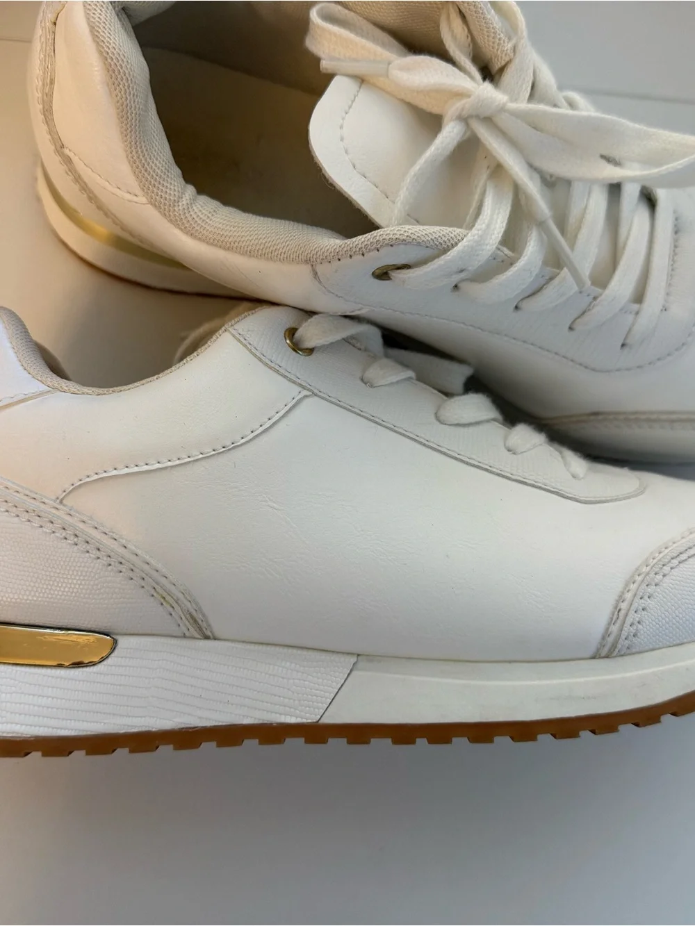 White Women's Platform Sneakers with Gold Accent, stylish, punky